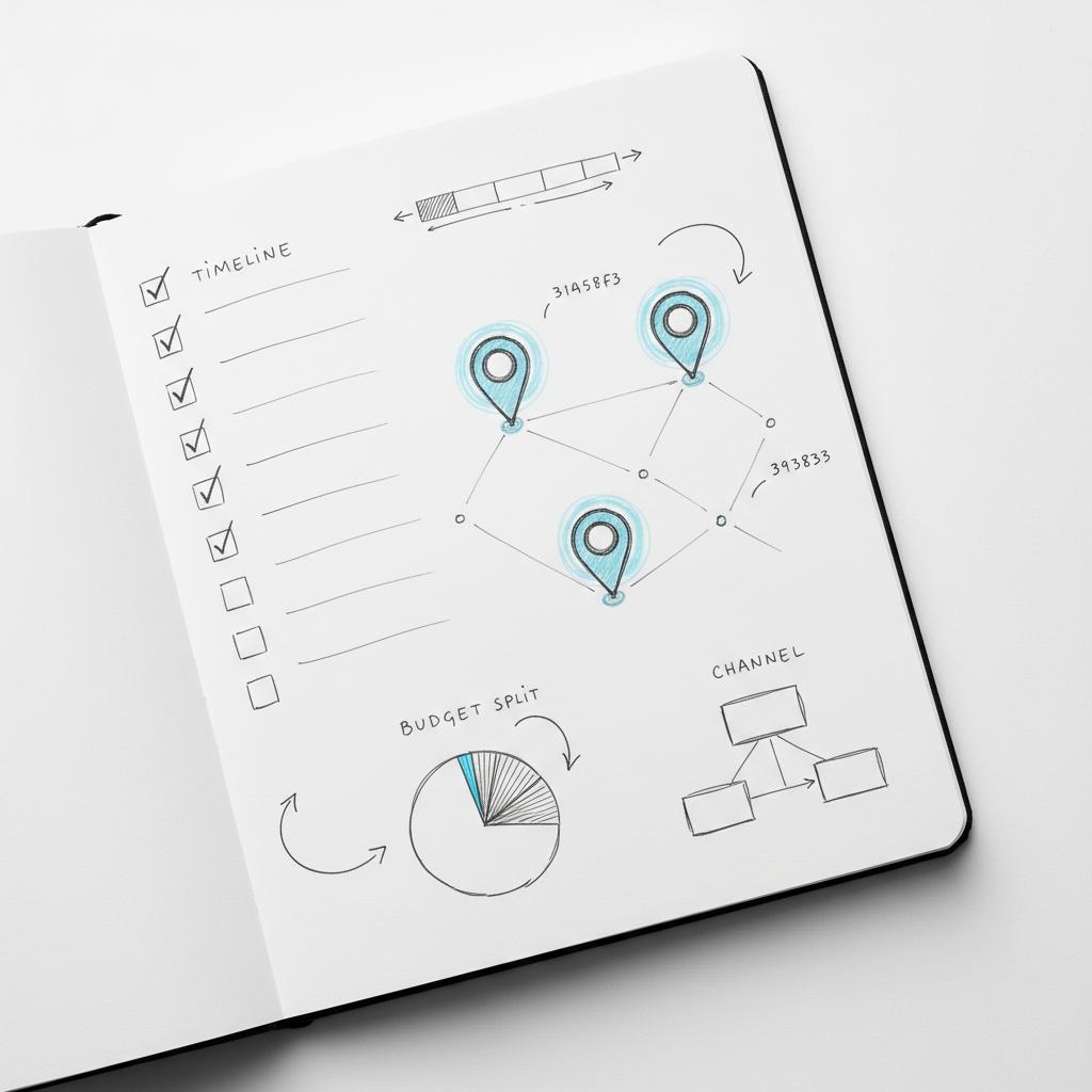 Close-up notebook sketch of an events checklist and a small map with three adjacent ZIP-code pins, minimalist layout illustrating how to post an event on Nextdoor