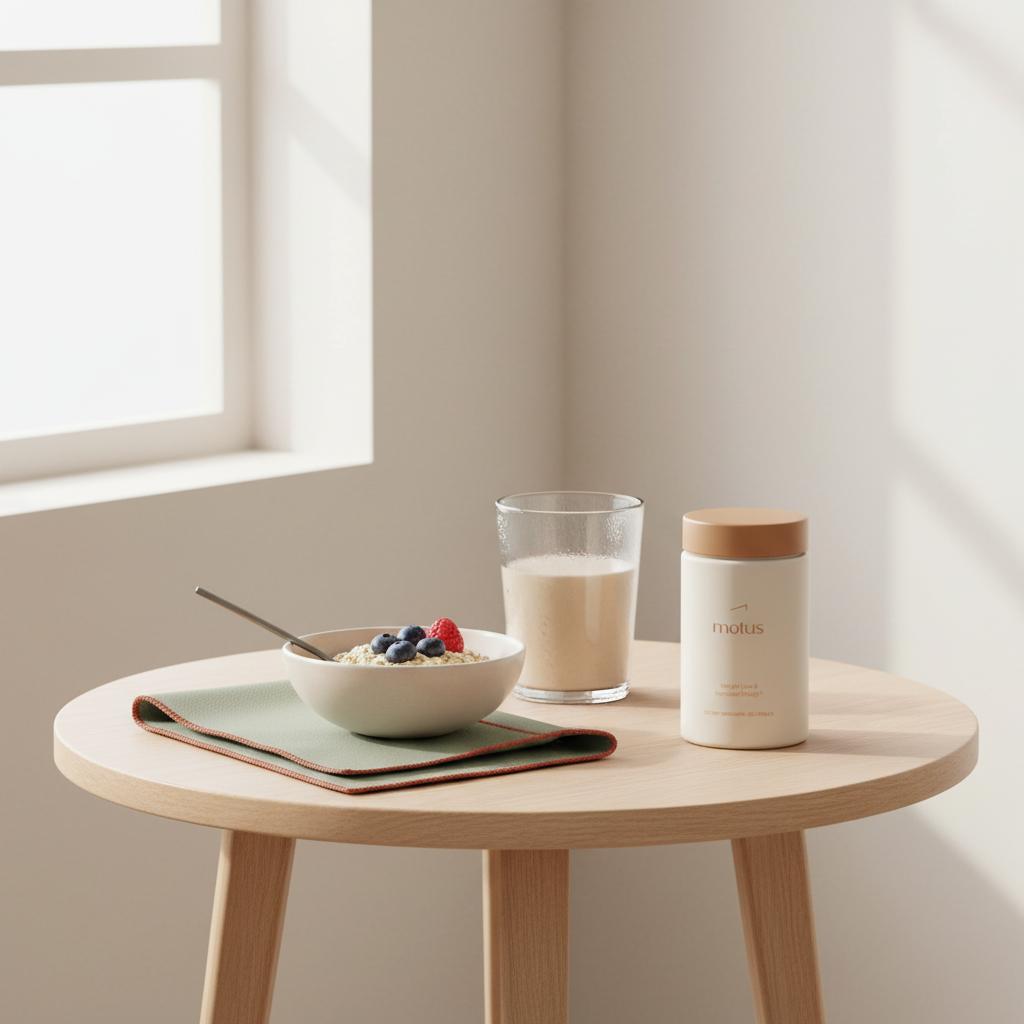 Minimalist breakfast scene with a glass protein shake, bowl of rolled oats and berries, and Motus supplement jar on the table — best protein powder for weight loss