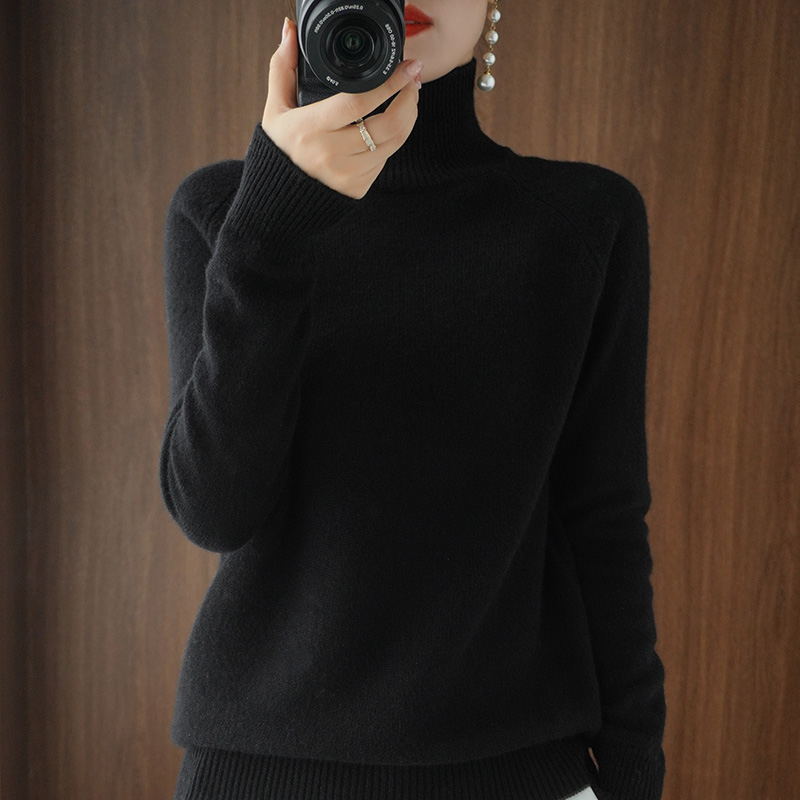 Women's knitted sweater, high collar, solid color, loose