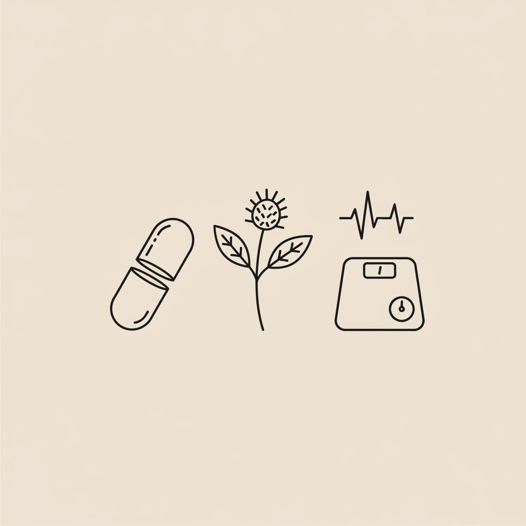 Minimal Tonum-style line-art vector of a capsule, milk thistle sprig, compact scale with weight plate, and a small liver scan waveform on beige background representing a liver detox timeline.