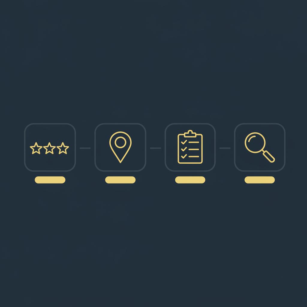 Minimal 2D vector infographic with review stars, map marker, checklist and magnifying glass icons on dark blue background representing local SEO