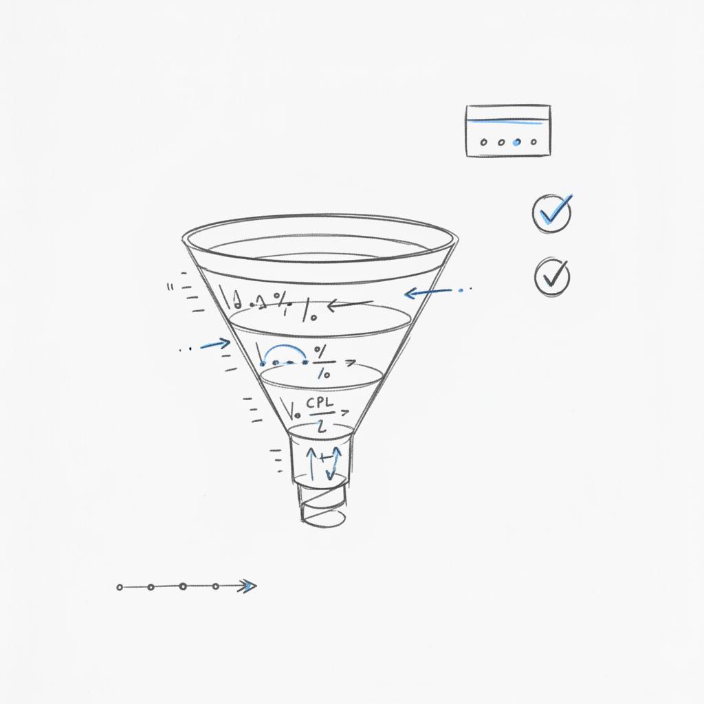 Close-up sketch-style funnel diagram with CPL ranges, conversion math, CRM icon, verification checks, and pilot timeline &mdash; best company to get leads