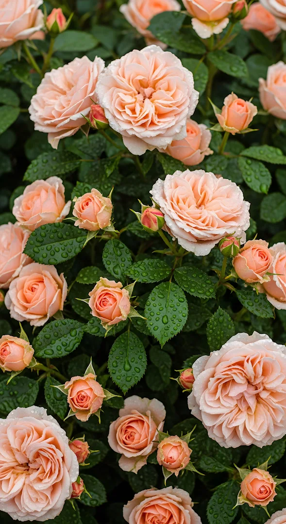 Peach Garden Roses Raindrops Green Leaves Close Up
