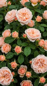 Peach Garden Roses Raindrops Green Leaves Close Up