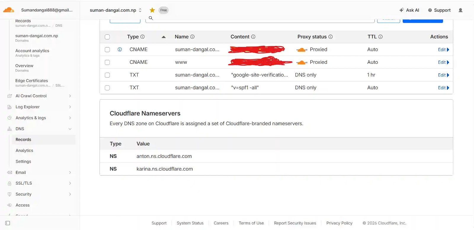 Cloudflare nameservers page showing two unique nameservers after adding domain