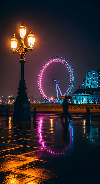 London Eye and Lamp Post Reflection on a Rainy Street with Neon Lights at Night - Free mobile Wallpaper