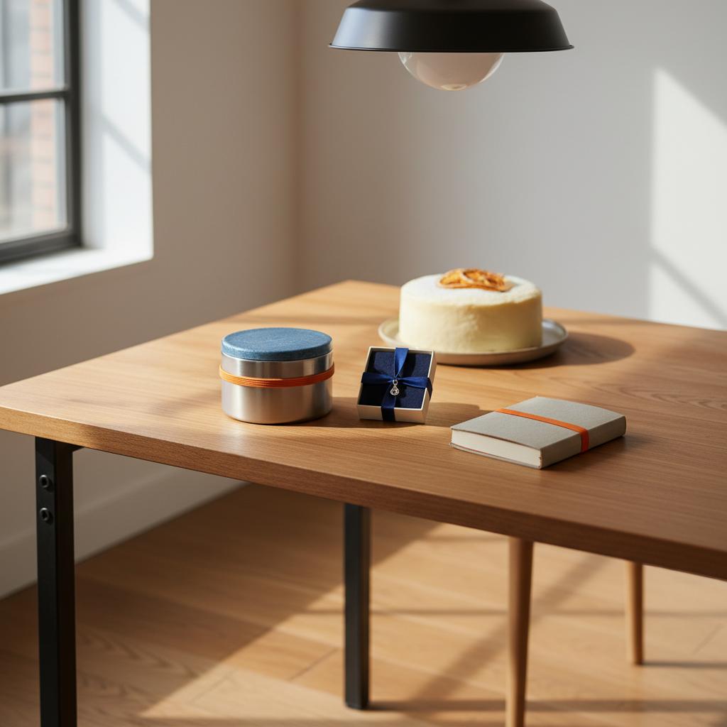 Was schenken Oma und Opa zur Einschulung? Authentische Esstisch-Szene mit Brotdose, Anhänger-Box und kleinem Buch im Detail, Vanilletorte im Hintergrund, warme industrielle Optik