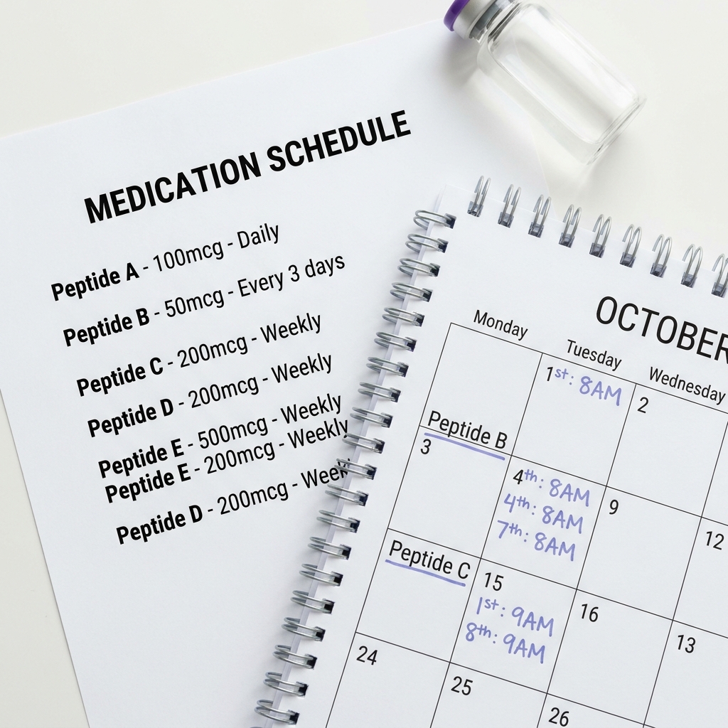 Close up overhead flat lay of annotated medication list and calendar showing spaced doses clean white background 7173eb accents clinical minimalist style bpc 157 peptide