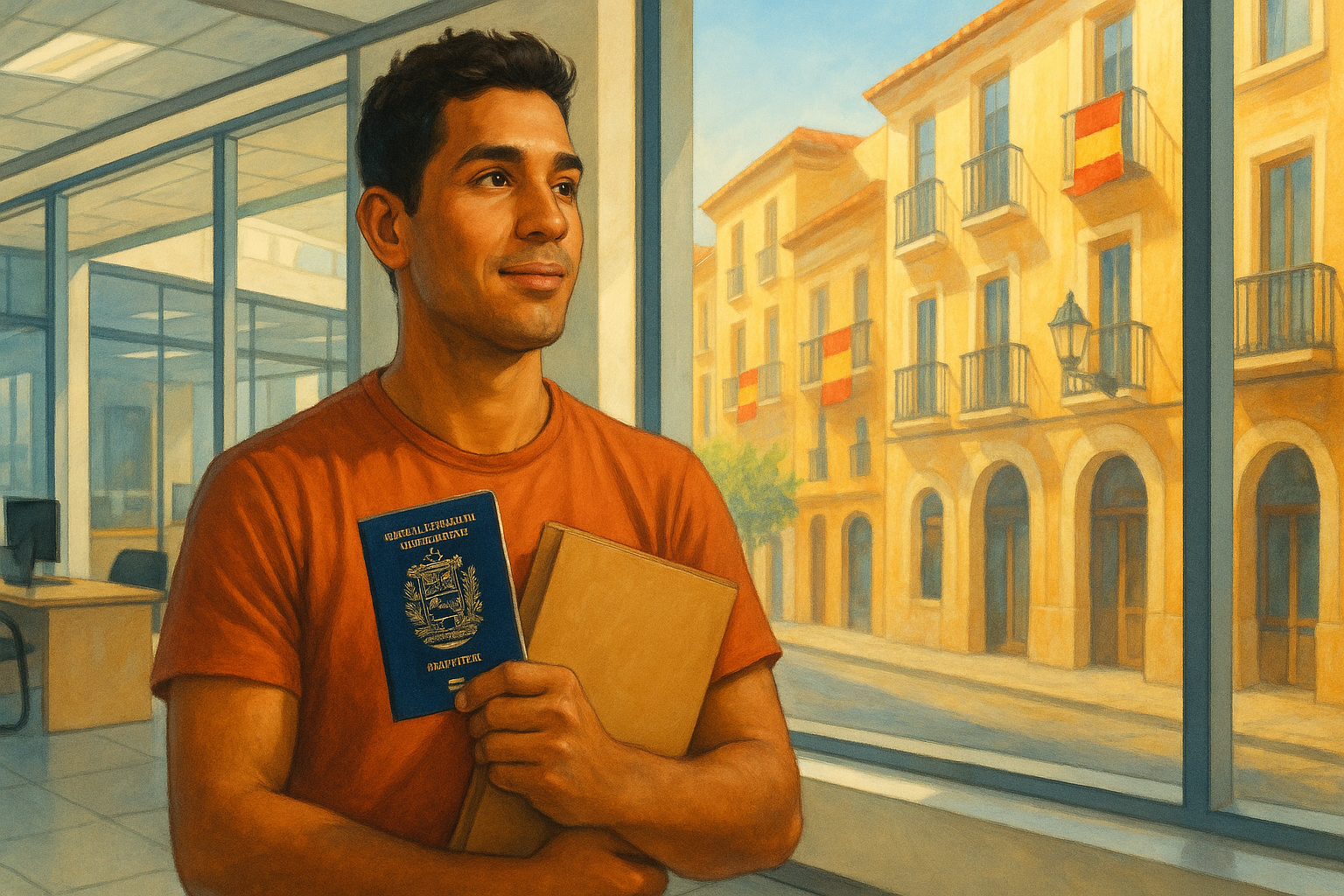 Venezolano en España con documentos, NIE y pasaporte en una oficina bancaria