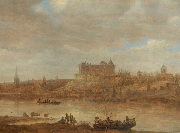 A river landscape with a ferry boat and a castle by a town beyond 1645