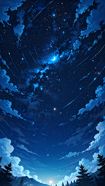 Cosmic Blue Night Sky Anime Art with Shooting Stars and Moon - Free mobile Wallpaper