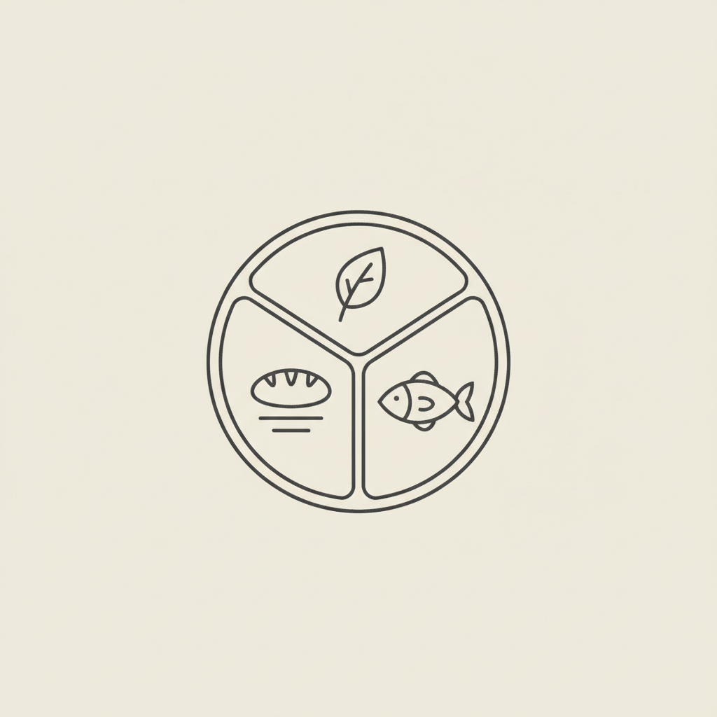 Minimal minimalist line illustration of a plate divided into three equal sections showing a leaf, grain, and egg to represent the 3-3-3 eating rule