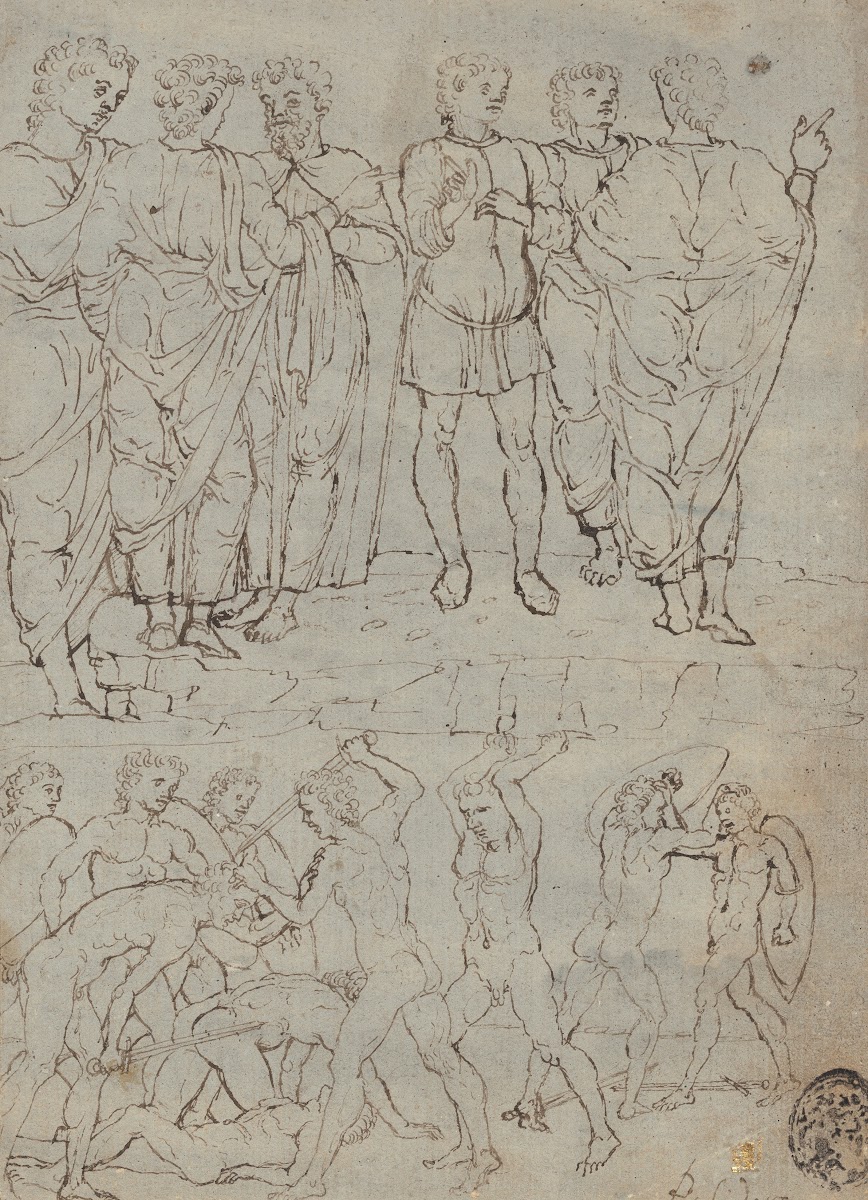 Six Conversing Men and Ten Battling Nudes 1460s 1470s