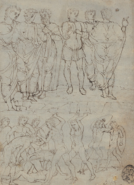 Six Conversing Men and Ten Battling Nudes 1460s 1470s