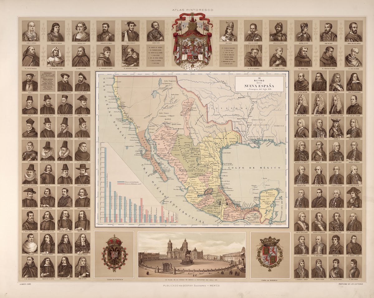 Reign of New Spain surrounding a map of Mexico 1885