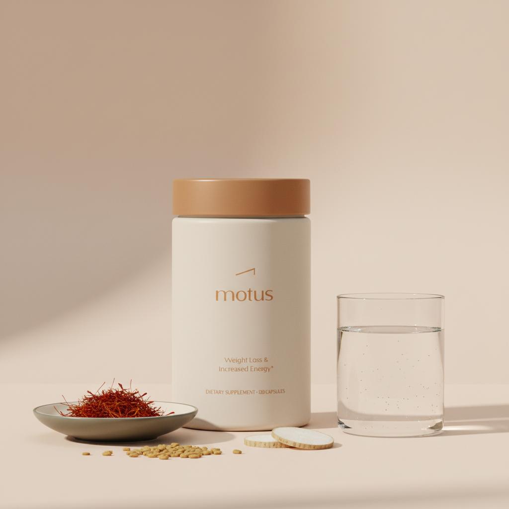 Tonum Motus supplement container beside saffron threads, fenugreek seeds and a konjac slice next to water — which plant suppresses appetite?