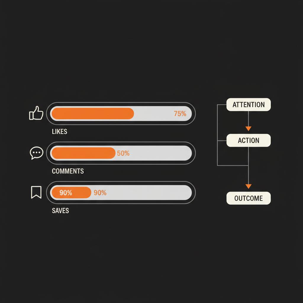 Engagement infographic: likes, comments, saves bars and attention→action→outcome flowchart — how many followers to be an influencer on Instagram