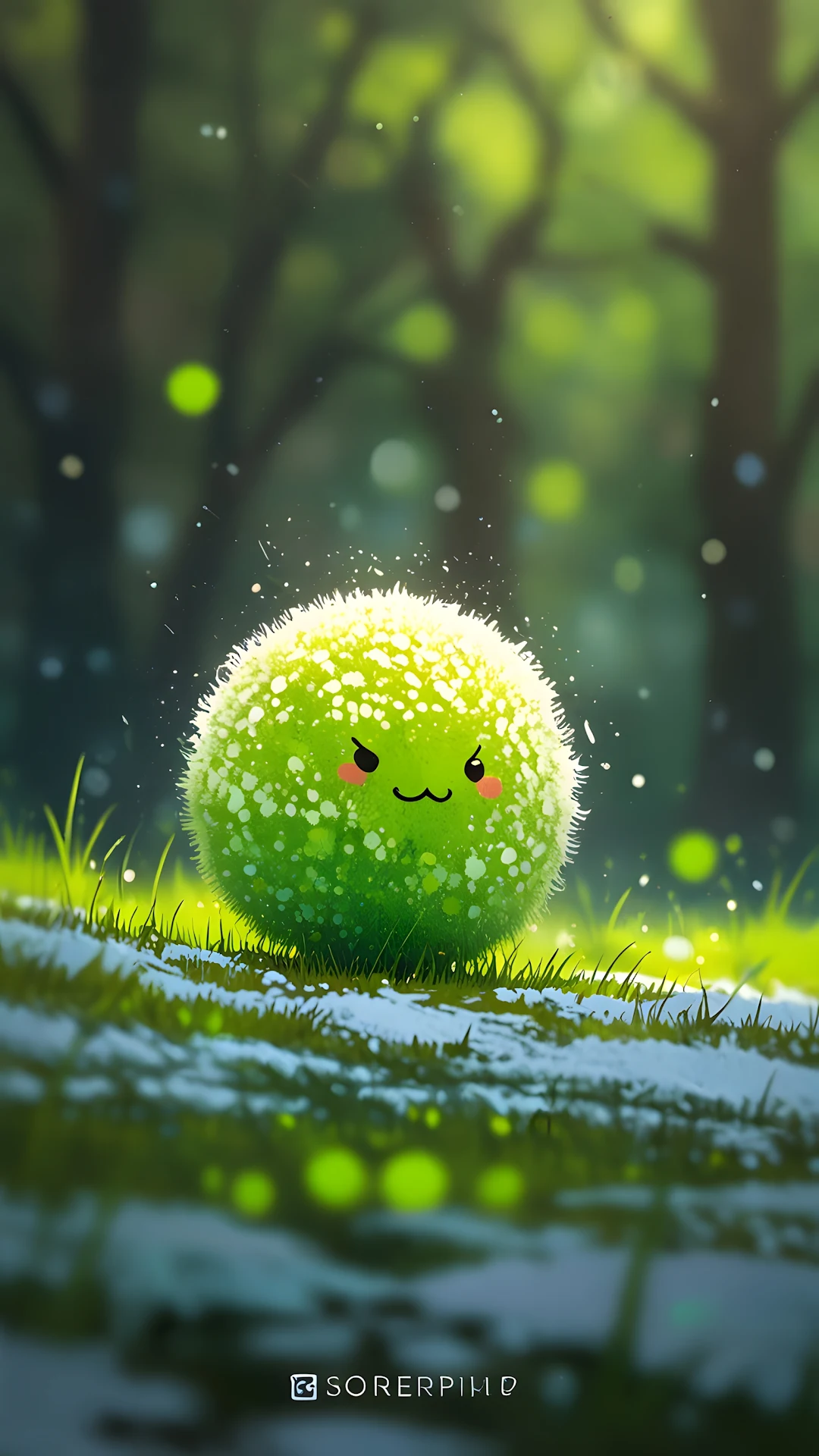 Cute Green Fuzzy Ball in Sunny Forest - Free 4K mobile Wallpaper
