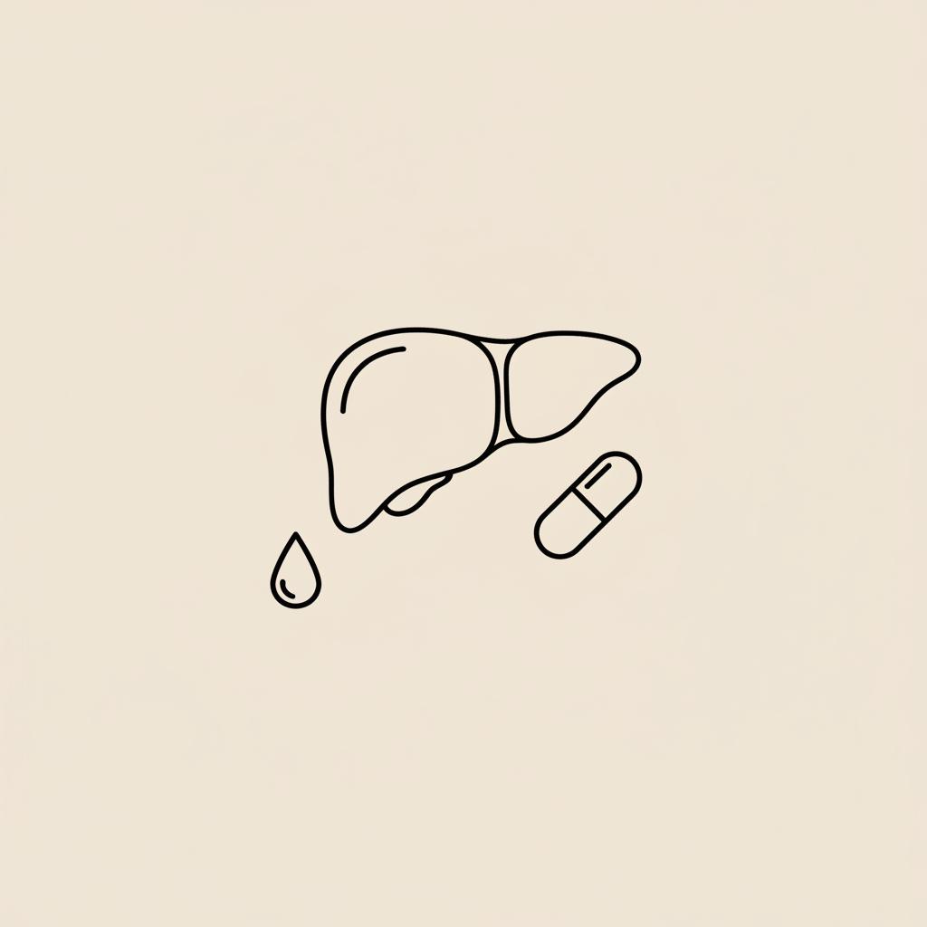 Minimal Tonum-style vector illustration of a liver with a capsule and water droplet for liver detoxing on beige background #F2E5D5