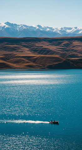 Boat on Sparkling Mountain Lake