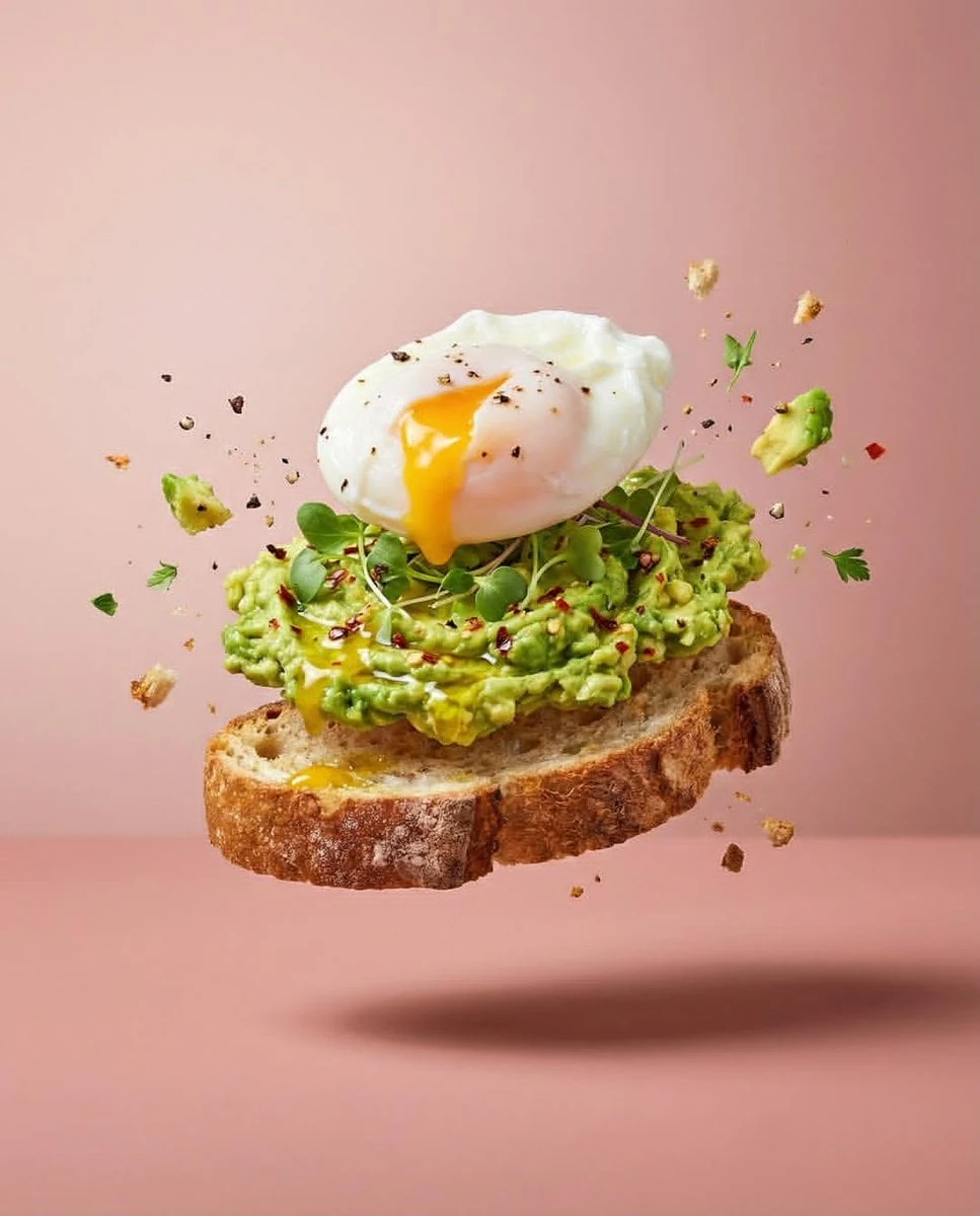 Serie fotográfica profesional de alimentos en estudio que muestra platos deconstruidos en levitación a alta velocidad.