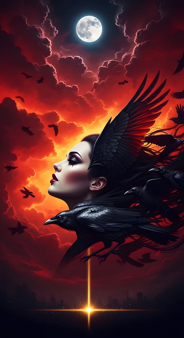 Gothic Raven Queen Under Blood Red Sky Full Moon