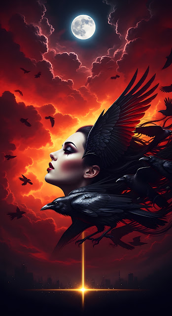 Gothic Raven Queen Under Blood Red Sky Full Moon - Free mobile Wallpaper
