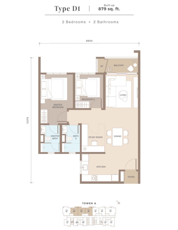Amaya Type D1 floor plan — 1037 sq ft, 3 bedrooms