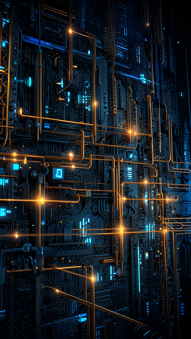 Futuristic Circuitry with Glowing Blue and Gold Data Lines