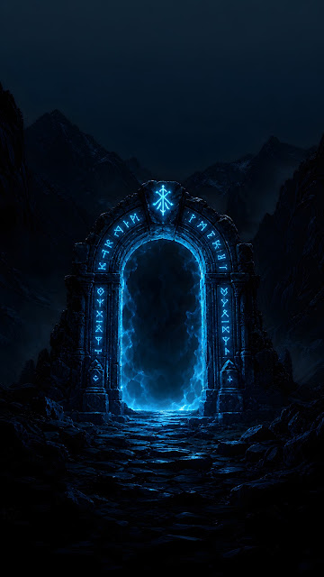 Ancient Stone Archway with Glowing Blue Runes Wallpaper - Free mobile Wallpaper