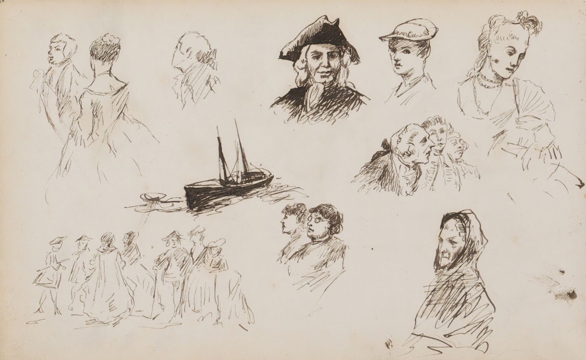 Figuurstudies en een zeilschip 1880