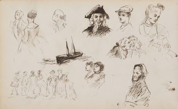 Figuurstudies en een zeilschip 1880