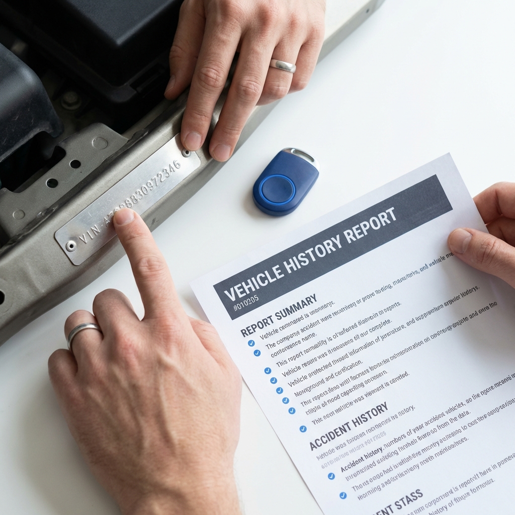 Close up of hands reviewing printed vehicle history report and checking VIN plate next to a blue key fob chevy tahoe for sale on white background
