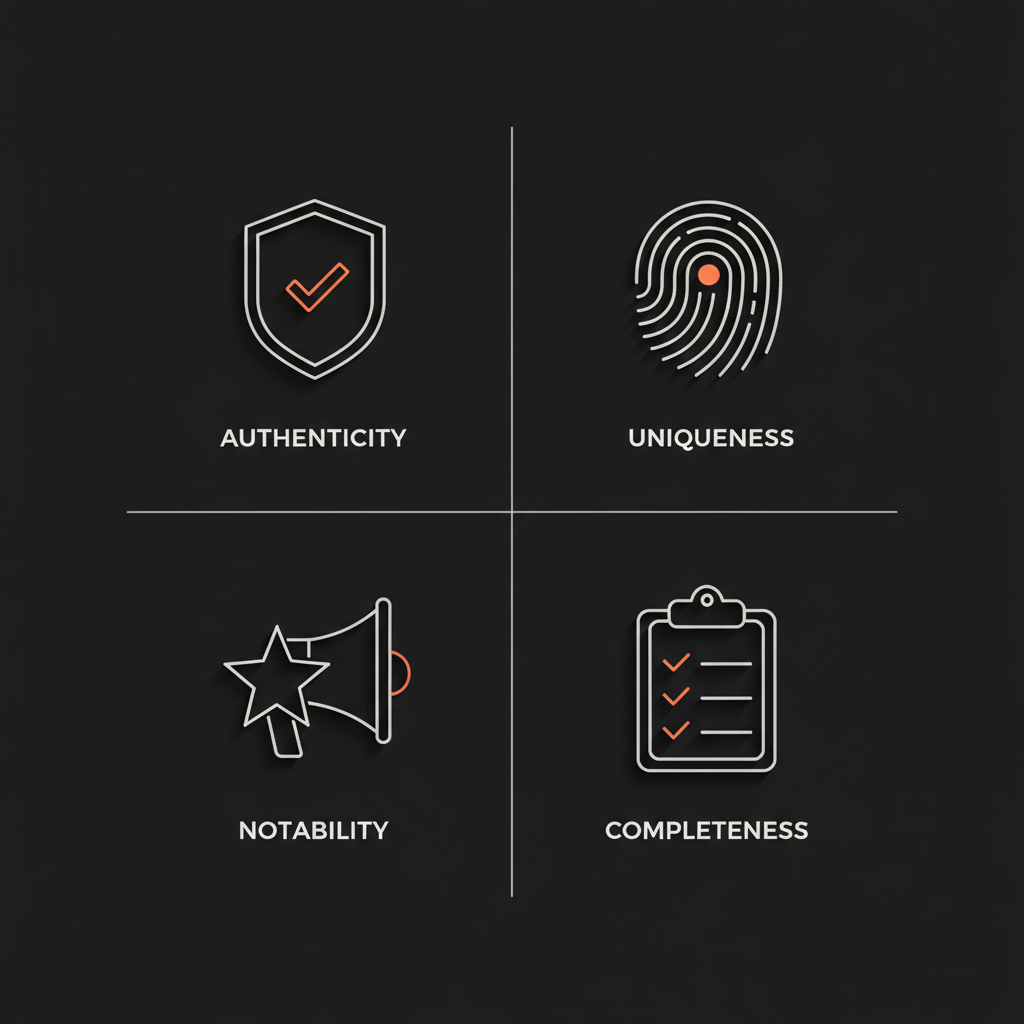 Minimal vector infographic on black background showing four verification criteria (authenticity, uniqueness, notability, completeness) with Social Success Hub brand colors, Instagram verified badge context