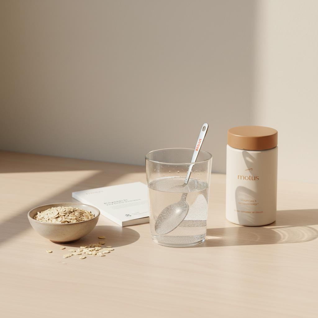 Calm minimalist kitchen counter with psyllium stirred in a clear glass, open bowl of oats, and the Tonum supplement jar beside a research booklet — what is the fastest home remedy to lower blood sugar?