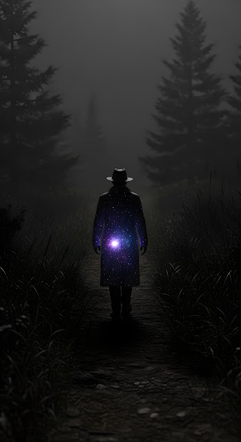 Solitary Figure with Cosmic Stars in Coat Walking Through Misty Dark Forest - Free mobile Wallpaper