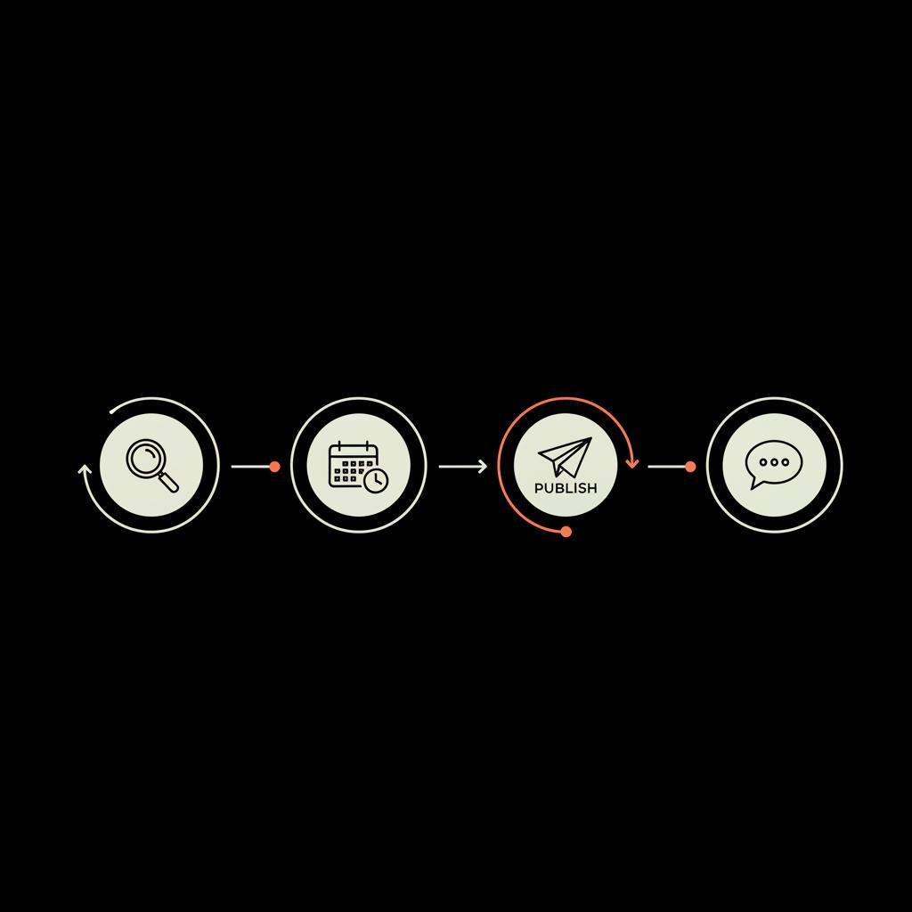 Minimal 2D vector infographic of a weekly workflow for viral hashtags showing four circular icons (research, batch, publish, respond) connected by thin arrows against a black background.