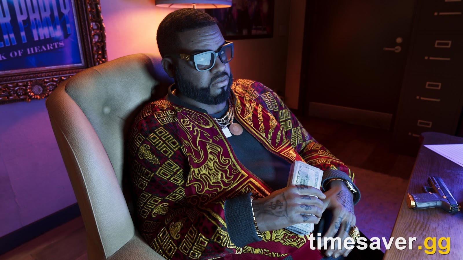 Official GTA 6 screenshot of Boobie Ike in a patterned shirt sitting in his office holding a stack of cash