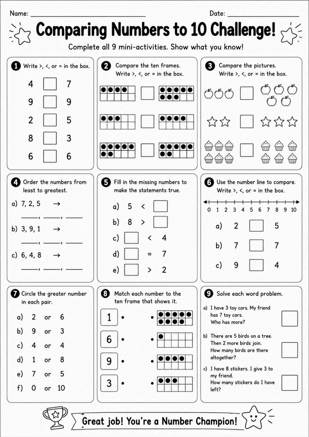 Comparing Numbers to 10 Challenge Worksheet