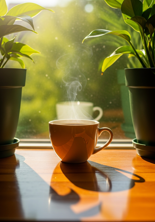 Steaming Coffee Window Garden Sunlight