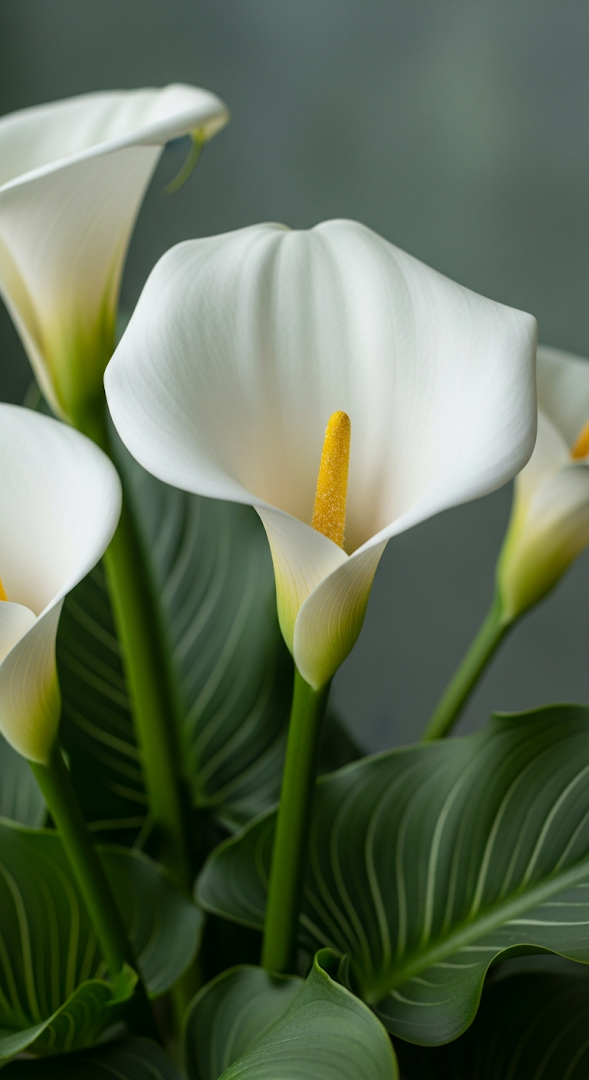 Close-up of White Calla Lilies Against Muted Green Background