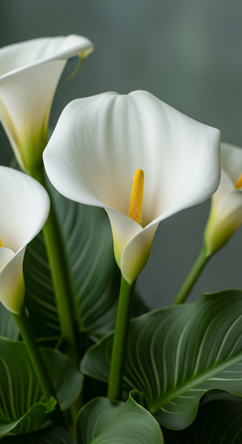 Close-up of White Calla Lilies Against Muted Green Background - Free mobile Wallpaper