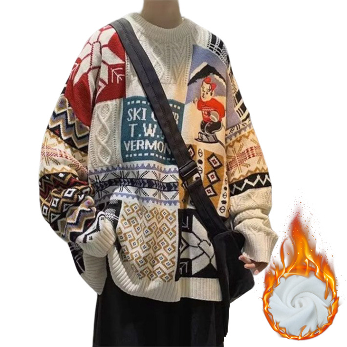 Men's knit sweater with bear embroidery and stand-up collar