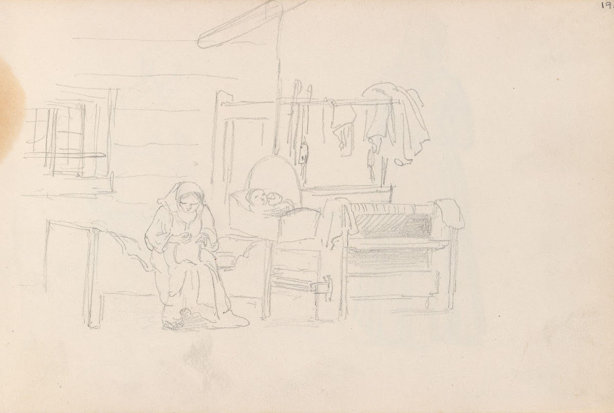 Interiør med seng hengevugge vev og figurer Spättungen 1852