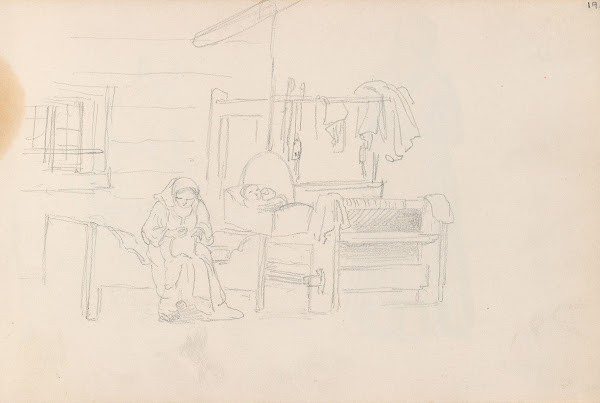 Interiør med seng hengevugge vev og figurer Spättungen 1852