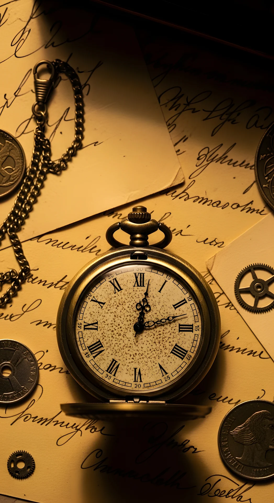 Vintage Gold Pocket Watch on Pile of Old Scripted Letters - Free 4K mobile Wallpaper
