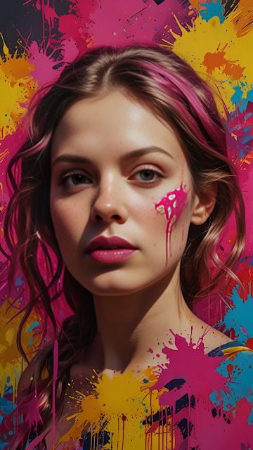 Expressive Woman Portrait with Neon Paint Splatters - Free mobile Wallpaper