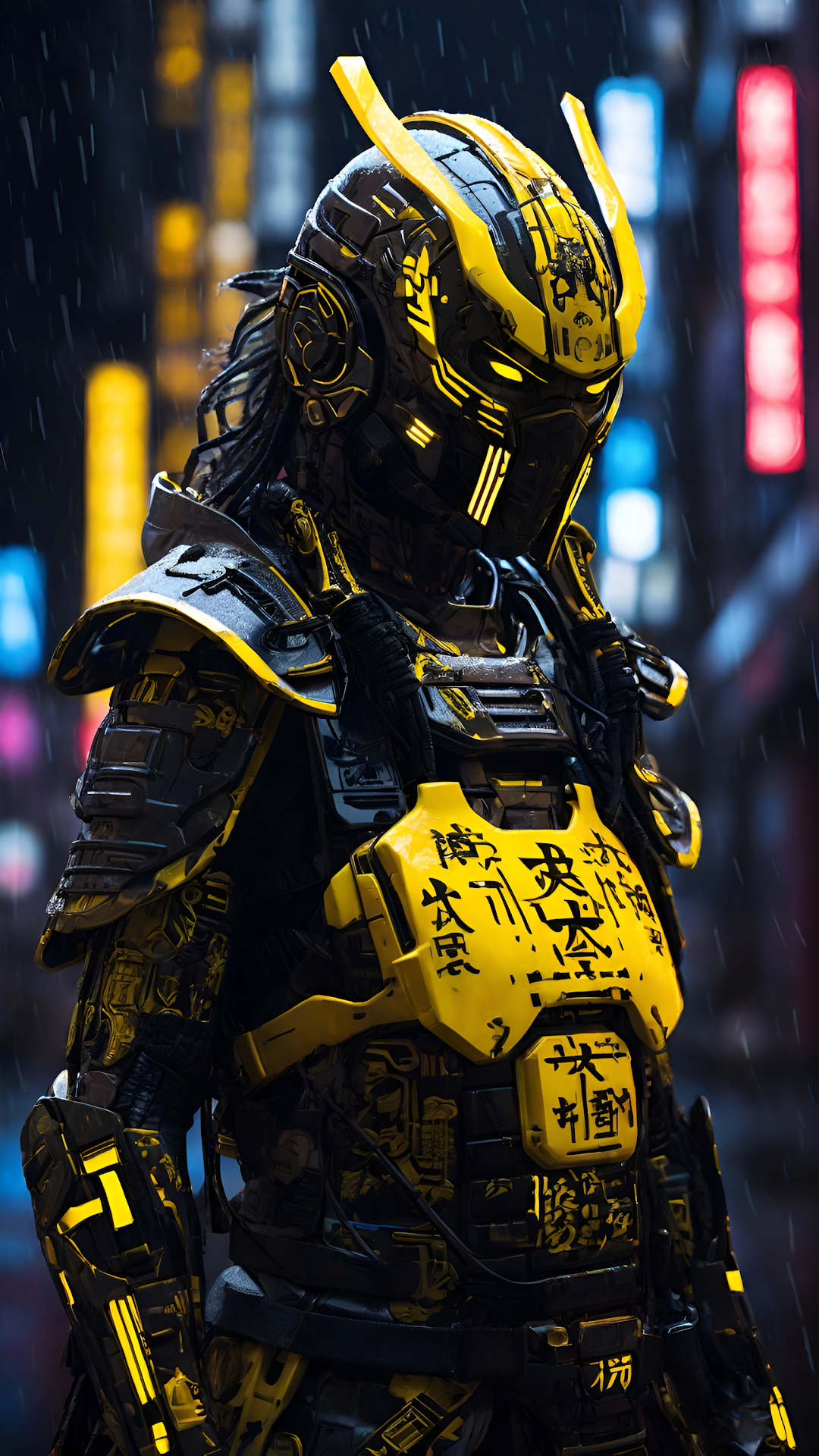 Cyber Samurai Armor Yellow Black Neon City Warrior Rain - Free 4K mobile Wallpaper