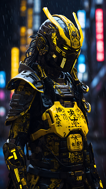 Cyber Samurai Armor Yellow Black Neon City Warrior Rain - Free mobile Wallpaper
