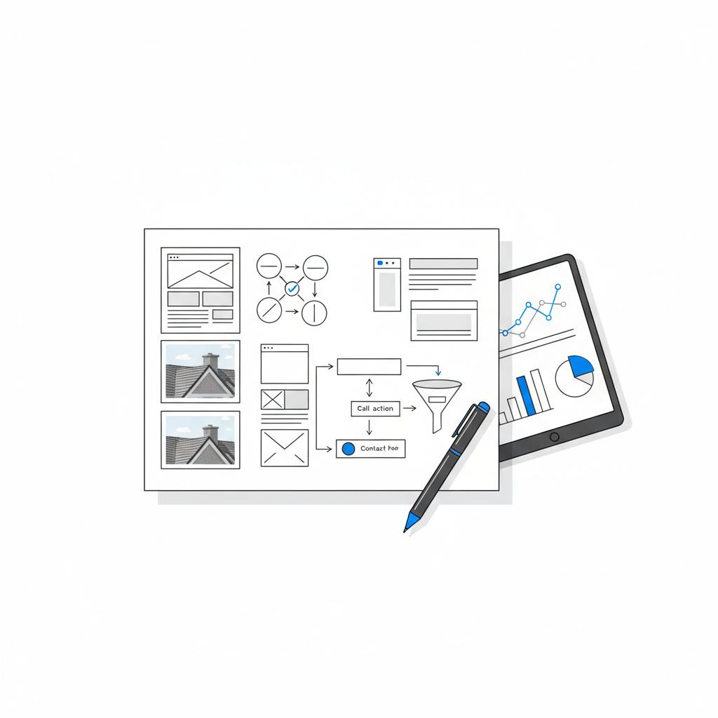 Overhead minimal workspace with printed roof project thumbnails, a pen marking captions, and a tablet showing analytics charts for how to create a website for a roofing business